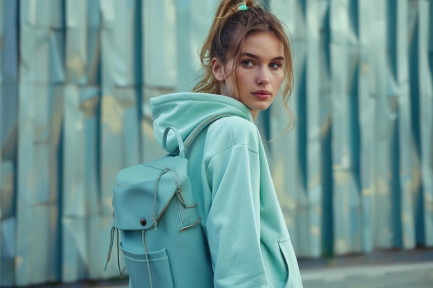 Stylish woman in green hoody and backpack sporty fashion