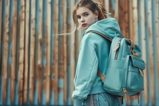 Photo stylish woman in green hoody and backpack sporty fashion