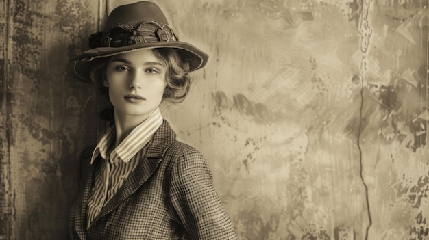 A stylish woman in a hat and jacket leans against a vintage wall