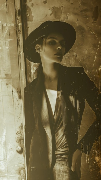 A stylish woman in a hat and jacket posing confidently in front of a rustic door