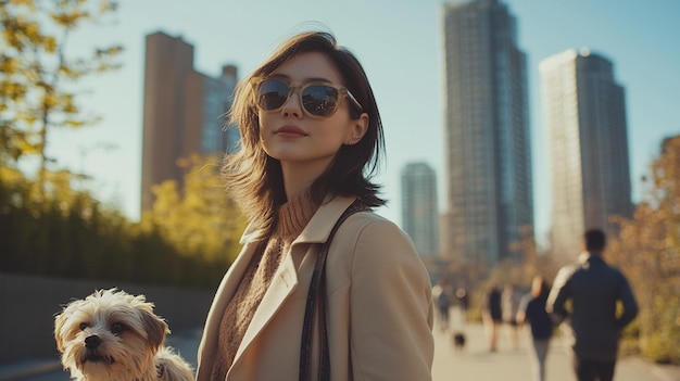 A Stylish Woman in Her 30s Enjoying a Pleasant Walk with Her Dog in a Lively Urban Setting