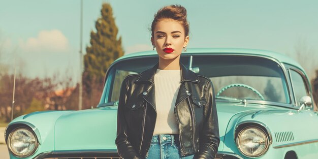 Photo stylish woman in leather jacket standing by vintage car