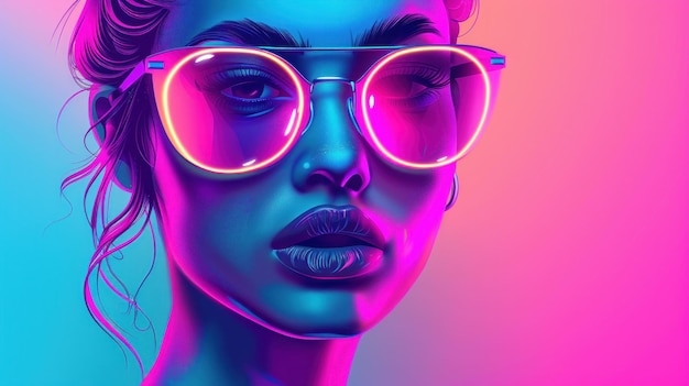 Stylish woman in neon glasses on pink and blue background beauty and fashion illustration