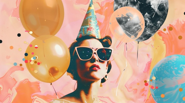 Photo stylish woman in party hat and sunglasses surrounded by vibrant balloons and abstract background