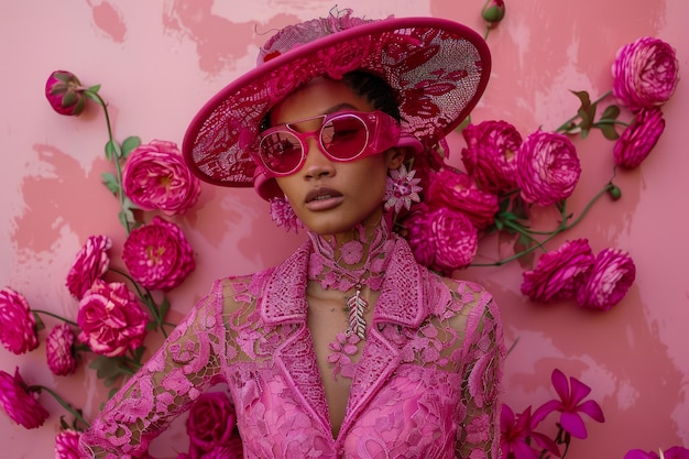 Photo stylish woman in pink attire posing with matching floral background for spring fashion concept