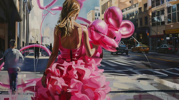 Photo stylish woman in pink dress with balloon dog on the street