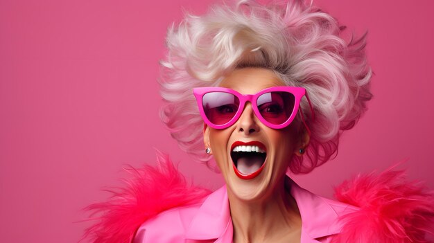 A stylish woman in a pink ensemble with trendy sunglasses