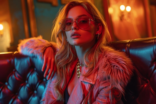 Stylish Woman in Pink Fur Jacket and Sunglasses in Neon Lighting