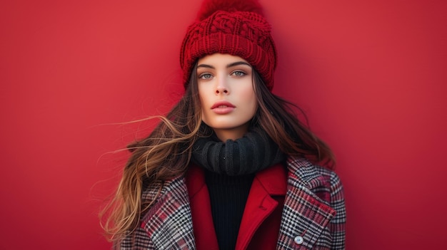 Photo stylish woman posing in winter casual fashion against a red backdrop