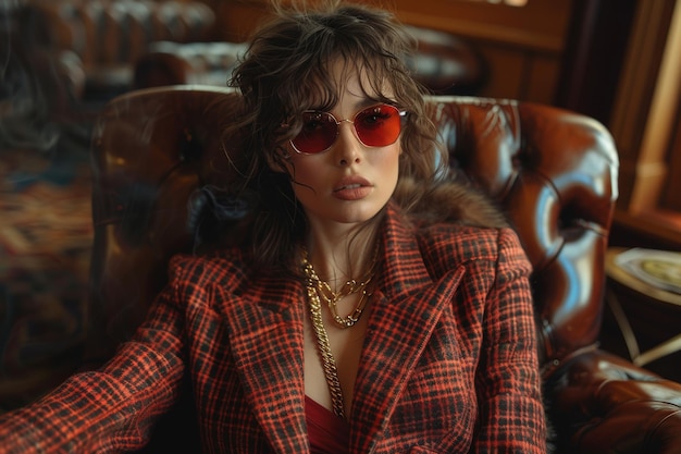 Stylish Woman in Red Plaid Blazer and Sunglasses Relaxing in Leather Chair