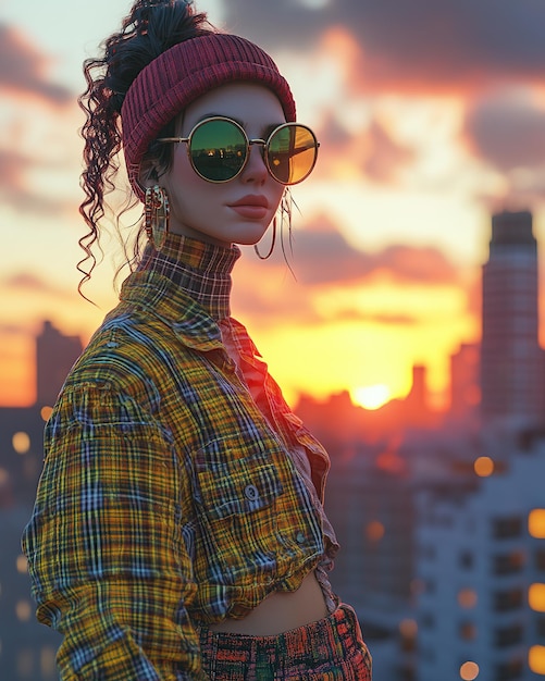 Stylish woman in retro outfit poses against a stunning sunset backdrop showcasing urban fashion and vibrant colors