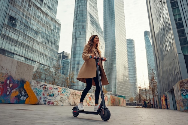 A stylish woman rides an electric scooter in a modern city She enjoys urban life in a fashionable coat This image captures contemporary transportation trends Generative AI