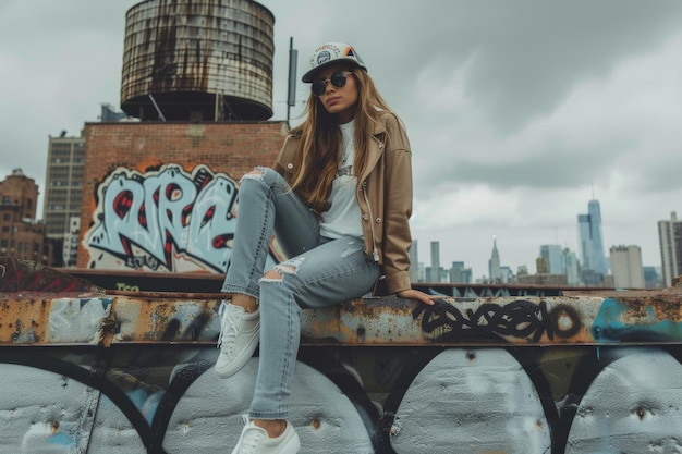 Stylish Woman Sitting on Graffiti Wall