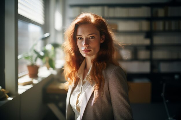 A stylish woman in a suit with red hair and freckles works in the office authentic real people