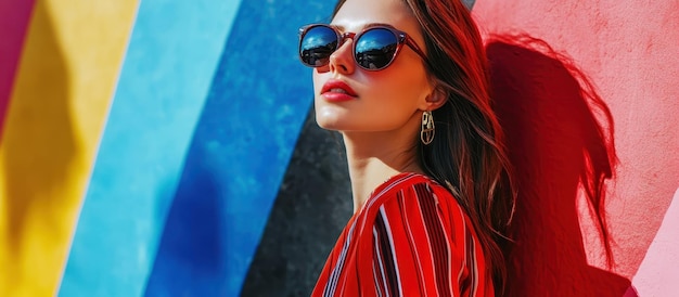 Photo stylish woman in sunglasses posing against vibrant multicolored wall in urban setting