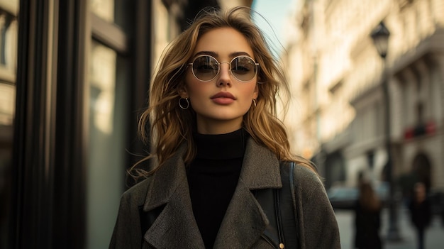 Stylish Woman in Sunglasses Walking in the City