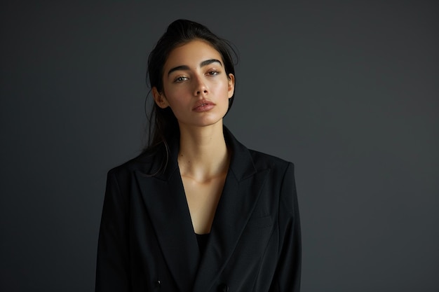 Stylish woman in a tailored blazer and high waist pants with a solid background that emphasizes her modern fashion sense and sophisticated lifestyle