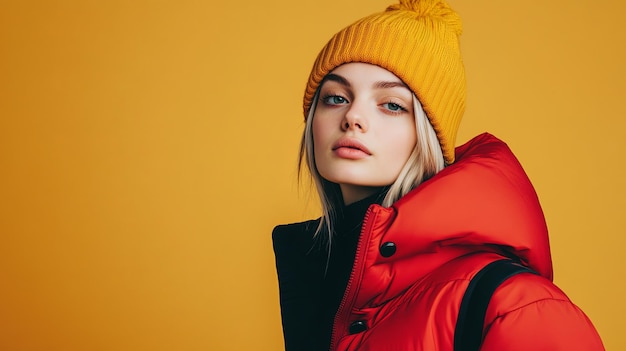 Photo a stylish woman in urban streetwear poses confidently against a cheerful yellow background showcasing her vibrant winter outfit in a trendy setting