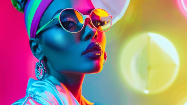 Stylish woman in vibrant neon lighting sporting chic sunglasses and a headwrap exuding confidence and futuristic fashion vibes