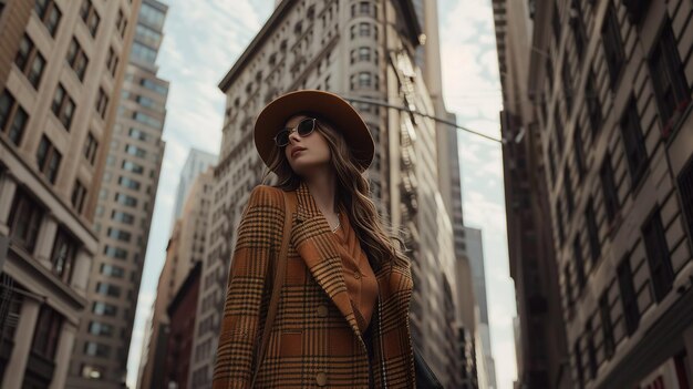 Photo stylish woman wearing brown hat and blazer poses in urban cityscape at dusk