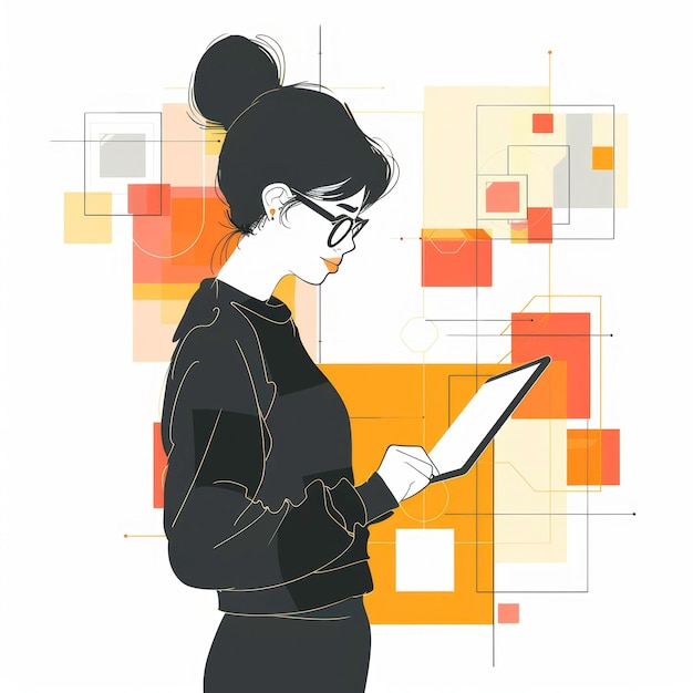 A stylish woman wearing glasses uses a tablet in front of a geometric pattern