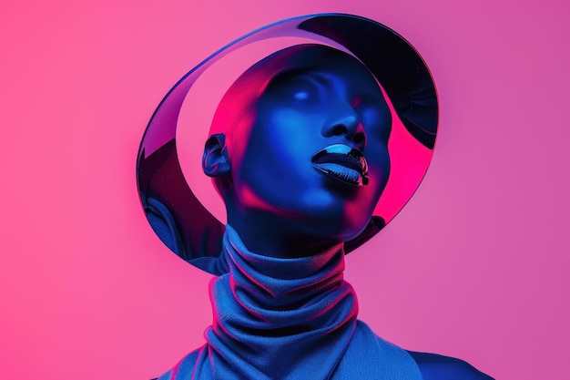 Stylish woman wearing a hat with blue and pink background in artistic photography concept