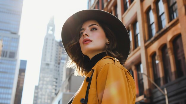 A stylish woman wearing a yellow coat and a fedora looks up at the city skyline