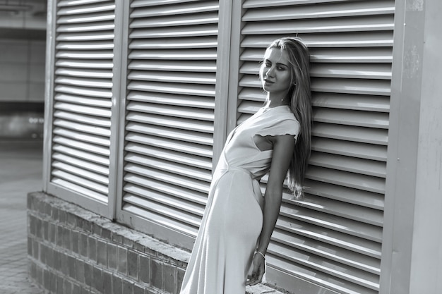 Stylish woman wears fashionable dress posing at the street near metal shutters. Copy space. Monochrome color