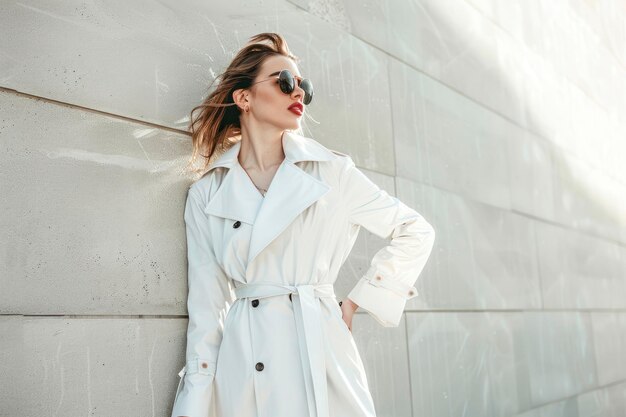 Photo stylish woman in a white trench coat standing with one hand on hip