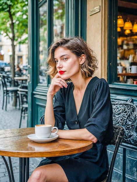 Photo a stylish woman with bold red lipstick sits at a parisian cafe enjoying a cup of coffee