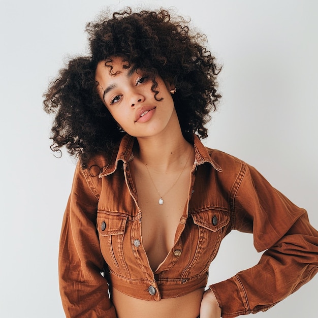 Photo stylish woman with curly hair in brown jacket captivating portrait photography