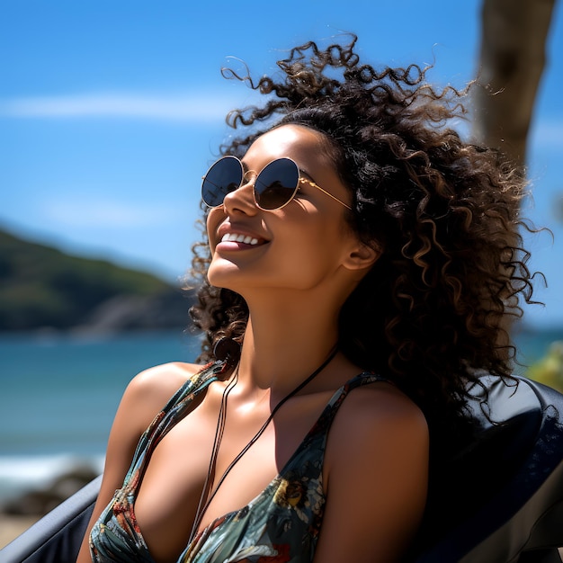 Stylish Woman with Curly Hair Relaxing at Tropical Beach