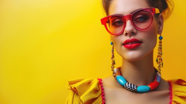 Stylish woman with red glasses and yellow background