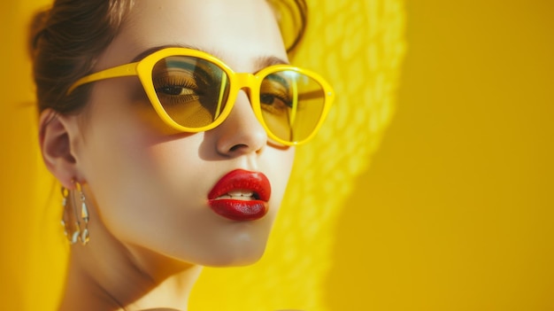 Photo a stylish woman with red lipstick and yellow sunglasses strikes a vibrant pose against a bright yellow backdrop exuding confidence