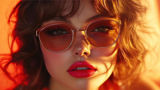 Photo stylish woman with sunglasses and bright lipstick in warm sunlight closeup