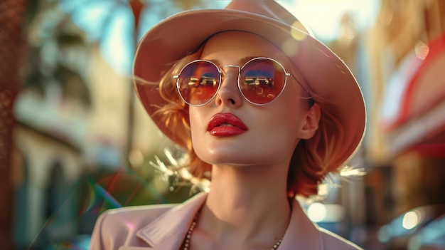 Photo stylish woman with sunglasses and hat enjoying sunny day in urban setting