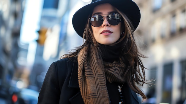 A stylish woman with sunglasses and a hat looks confidently towards the camera on a city street