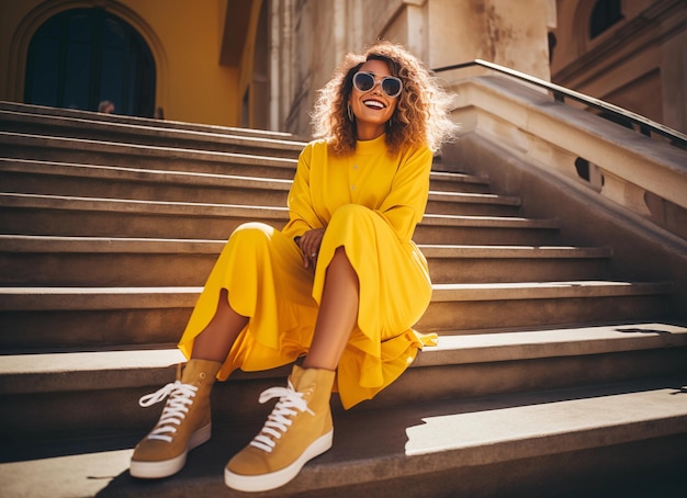 A stylish woman in a yellow dress and sunglasses sits on steps exuding confidence and fashion