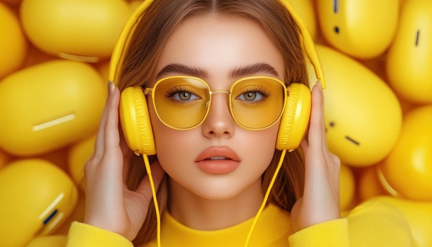 Photo stylish woman in yellow outfit wearing headphones and sunglasses minimalist fashion photography