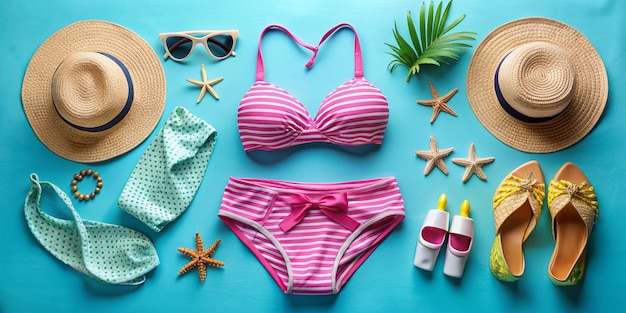 Stylish Womans Swimwear Beach Accessories Flat Lay Top View on Colorful Background