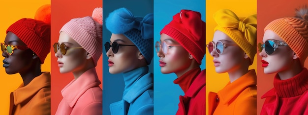 Photo stylish women in colorful winter fashion portraits collage