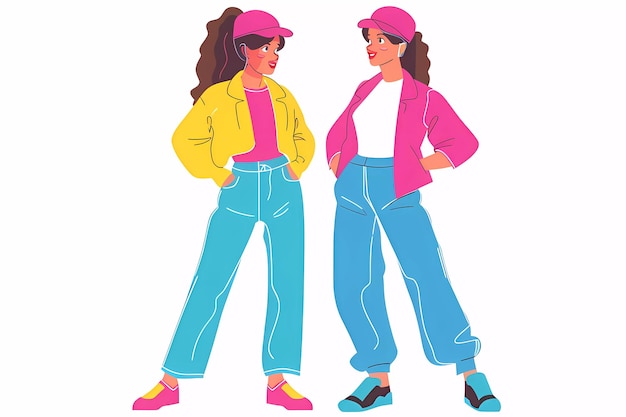 Photo stylish women in yk outfits retro style s s cartoon bright fulllength illustration