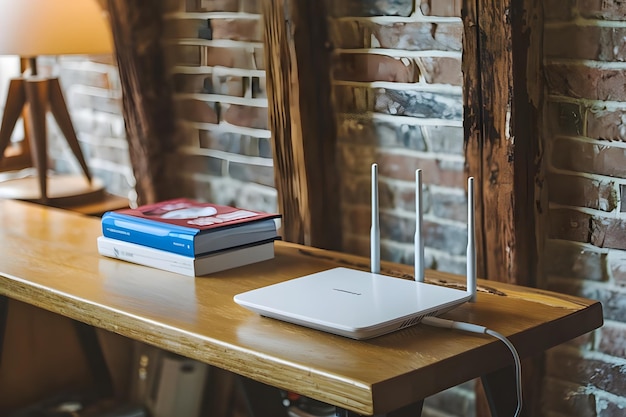 Photo stylish wooden desk with white router and colorful books against a brick wall