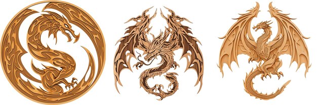 Stylish wooden dragon logo in 2D style