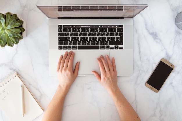 Stylish workplace top view, flat lay. Female business, career. Home office.