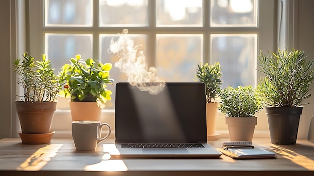 A stylish workspace featuring a sleek laptop on a minimalist wooden desk accompanied by a