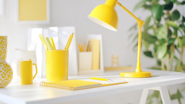 Photo a stylish workspace featuring yellow office supplies like a notebook pen and desk lamp set against a clean white desk for a pop of color