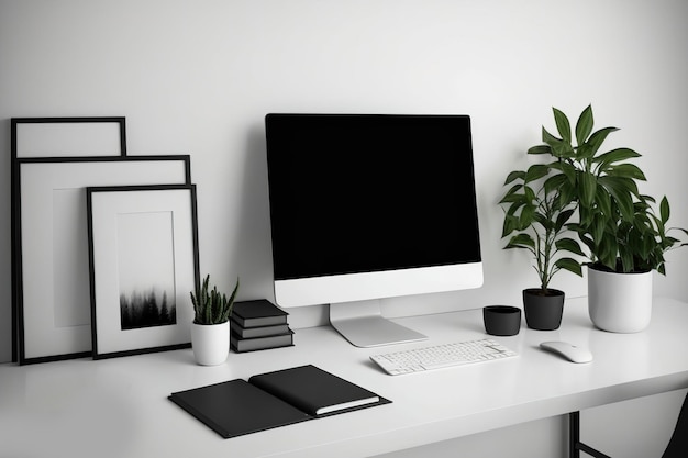 Stylish workspace with desktop and laptop computer office supplies houseplant and books at home or studio Blank screen for graphics display montage