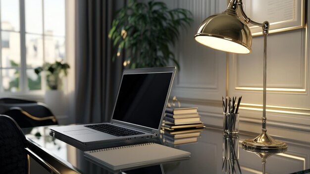 Photo stylish workspace with a laptop on a glass desk surrounded by chic office accessories like a designer lamp stylish notebooks and a plant