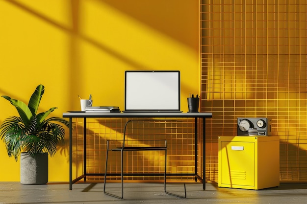 Photo stylish workspace with laptop and yellow metal box